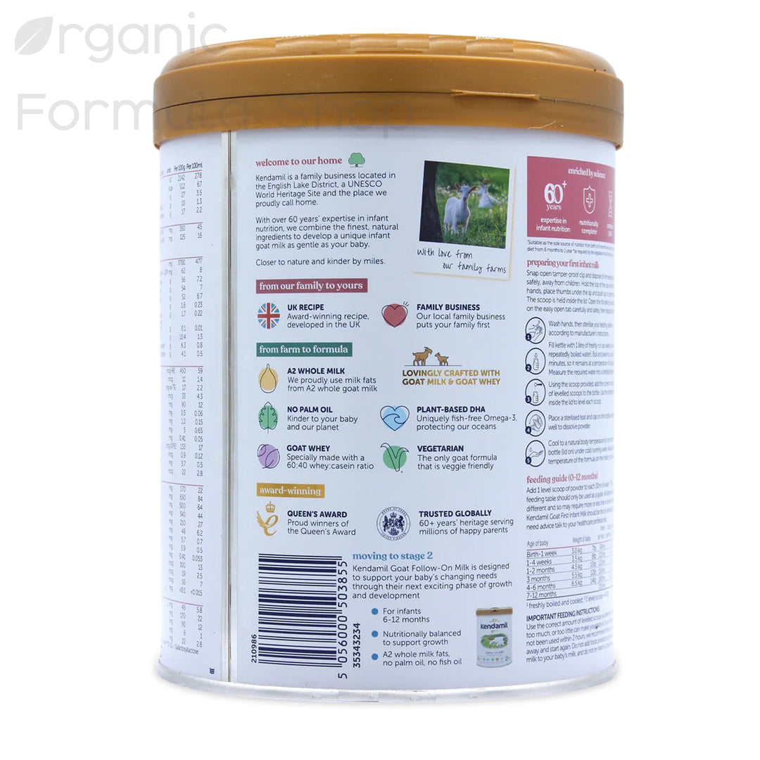 Kendamil UK Goat Stage 1 European goat milk formula tin, back of can with preparation instructions and feeding chart in English