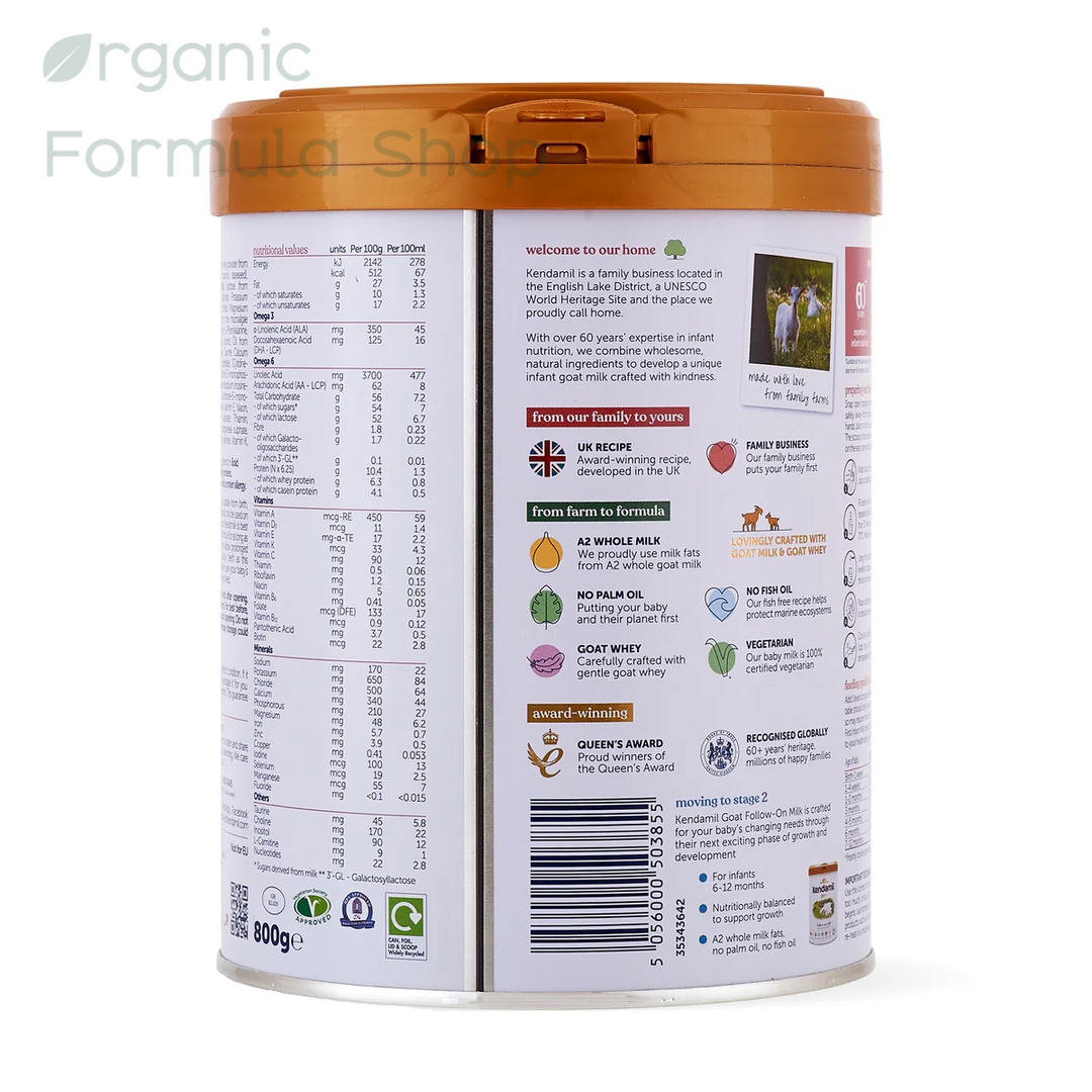 Back view of a 900g canister of Kendamil UK Goat Stage 1 European palm-oil-free A2 goat milk baby formula in 800g tin, front of can, for babies 0 to 6 months. Featuring the detailed ingredient list, nutritional facts, and company information printed on a white label with an orange/golden lid.