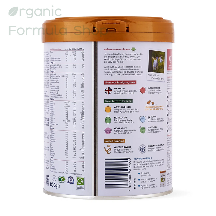 Back view of a 900g canister of Kendamil UK Goat Stage 1 European palm-oil-free A2 goat milk baby formula in 800g tin, front of can, for babies 0 to 6 months. Featuring the detailed ingredient list, nutritional facts, and company information printed on a white label with an orange/golden lid.