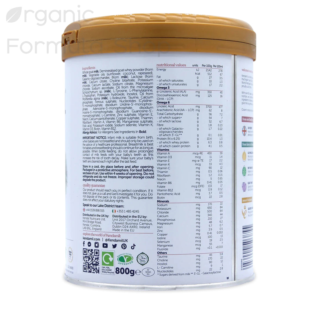 Kendamil UK Goat Stage 1 European goat milk formula, top view of tin showing the resealable lid and Kendamil branding