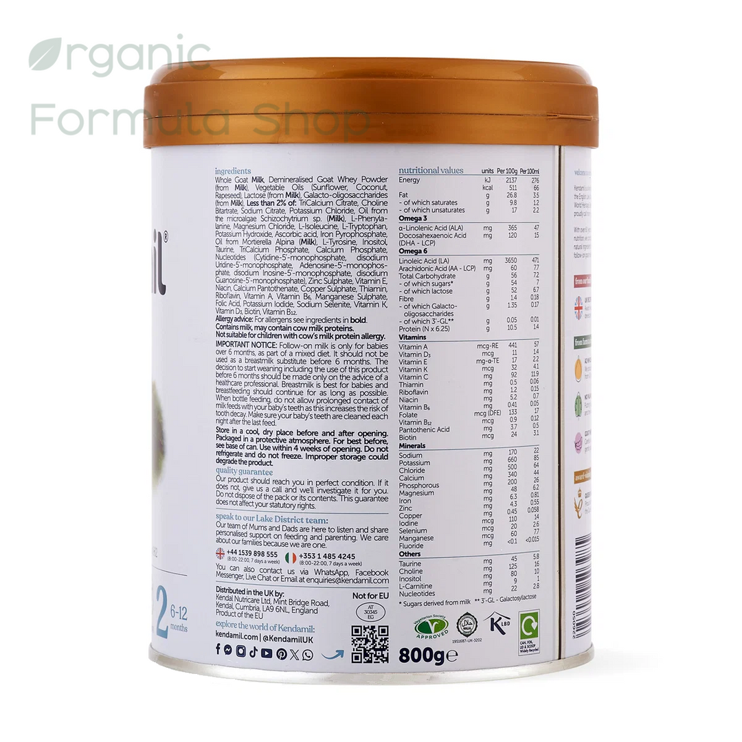 Kendamil Goat Stage 2 European palm-oil-free A2 goat milk follow-on formula in 800g, side of can, for babies 6 to 12 months, showing the ingredients list, nutrition facts, and regulatory text on a white label with a brown lid.