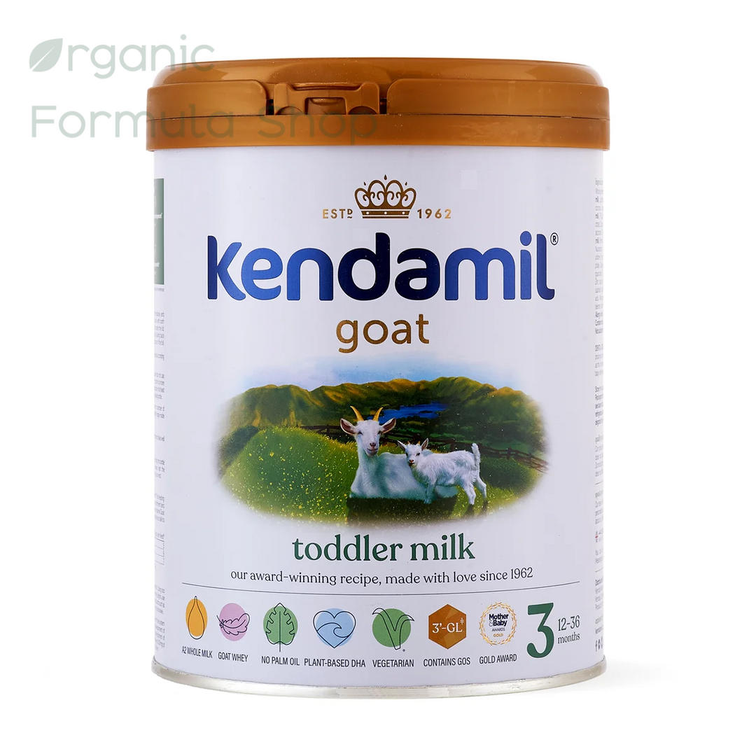 A canister of Kendamil UK Goat Stage 3 European palm-oil-free A2 goat milk toddler formula in 800g tin, front of can, for toddlers 12 months and older. Featuring a white label with a brown lid and a graphic of two goats in a green field, on a white background.