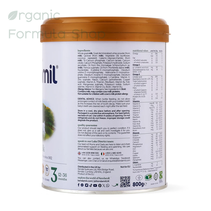 Side view of a 800g can of Kendamil UK Goat Stage 3 European palm-oil-free A2 goat milk toddler formula for toddlers 12 months and older. showing the white label with black text and a brown lid, on a white background with a faint green watermark.