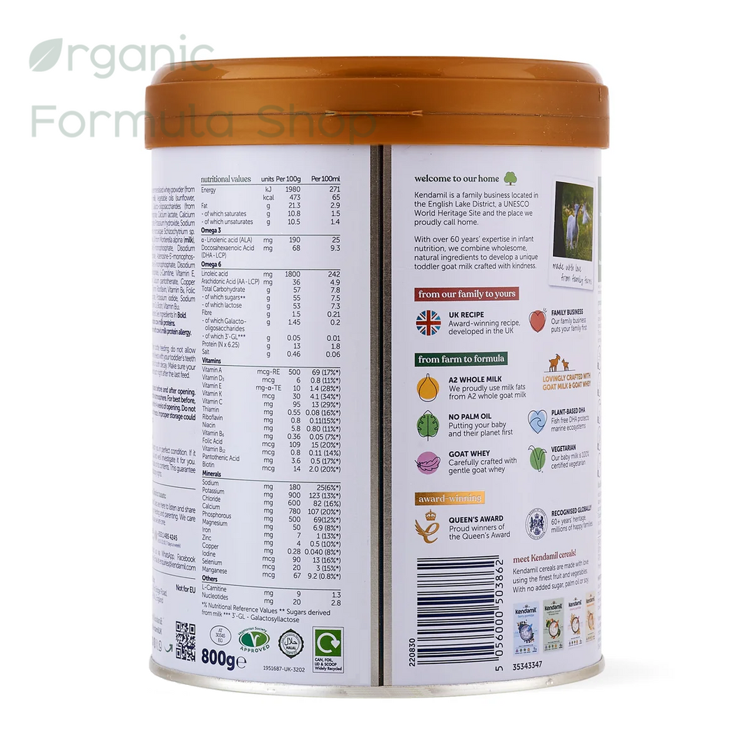Back side of an 800g canister of Kendamil UK Goat Stage 3 European palm-oil-free A2 goat milk toddler formula in  for toddlers 12 months and older. Showing nutritional facts, ingredients, and product information on a white background.