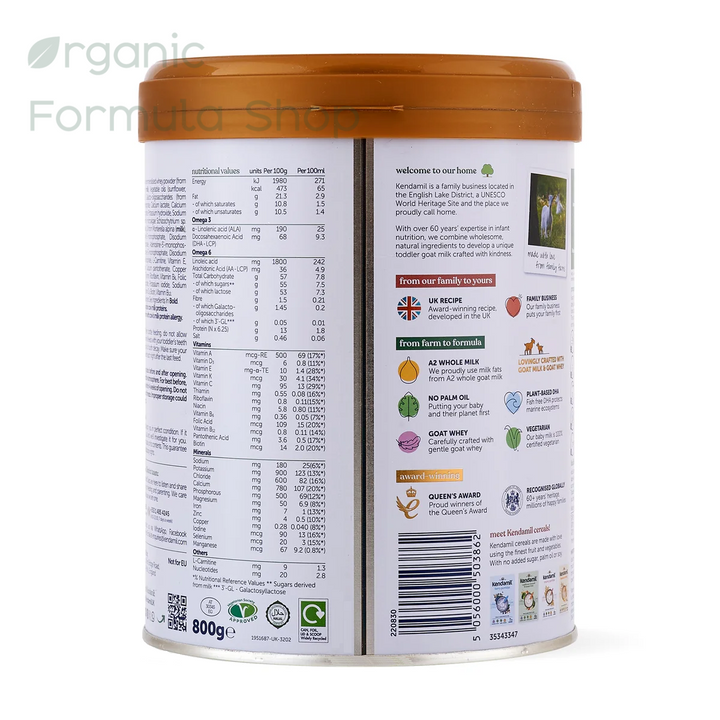 Back side of an 800g canister of Kendamil UK Goat Stage 3 European palm-oil-free A2 goat milk toddler formula in  for toddlers 12 months and older. Showing nutritional facts, ingredients, and product information on a white background.