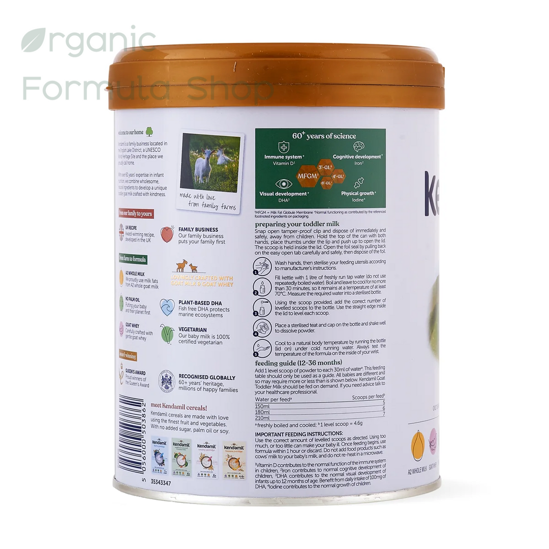 side of can Kendamil UK Goat Stage 3 European palm-oil-free A2 goat milk toddler formula in 800g can, for toddlers 12 months and older showing preperation instructions and Feeding Guide.  Featuring a white label with multicolored text and graphics, topped with a metallic bronze lid, on a white background.