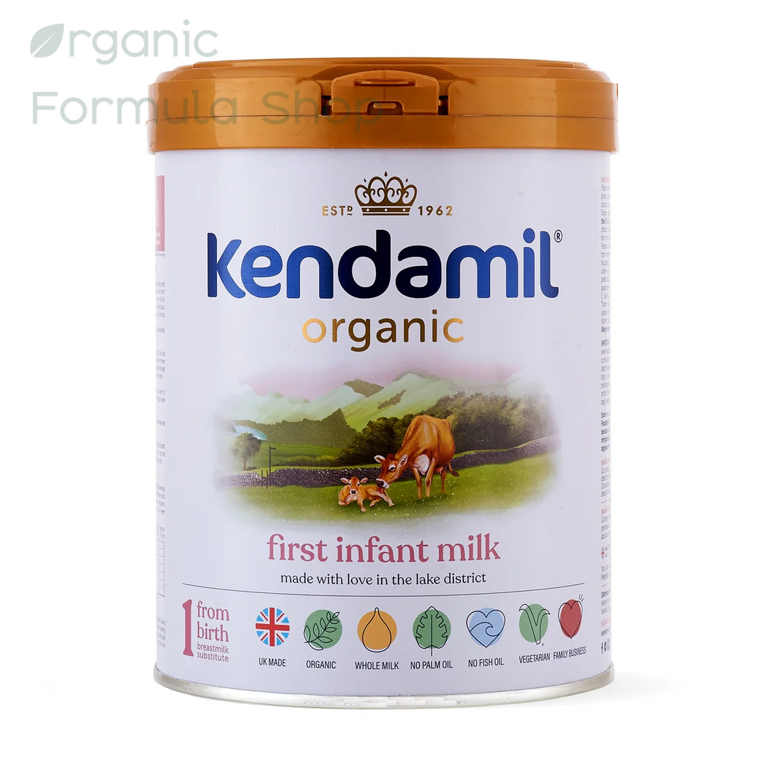 Front of can Kendamil UK Organic Cow Stage 1 European organic palm-oil-free baby formula in 800g tin, front of can, for babies 0 to 6 months