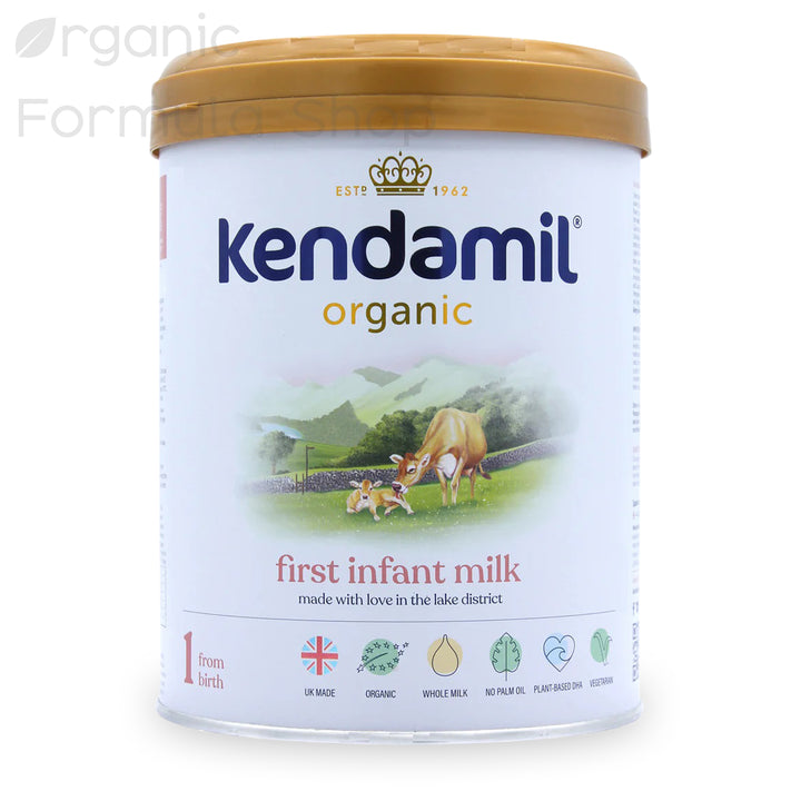 Kendamil UK Organic Cow Stage 1 European organic palm-oil-free baby formula in 800g tin, front of can, for babies 0 to 6 months