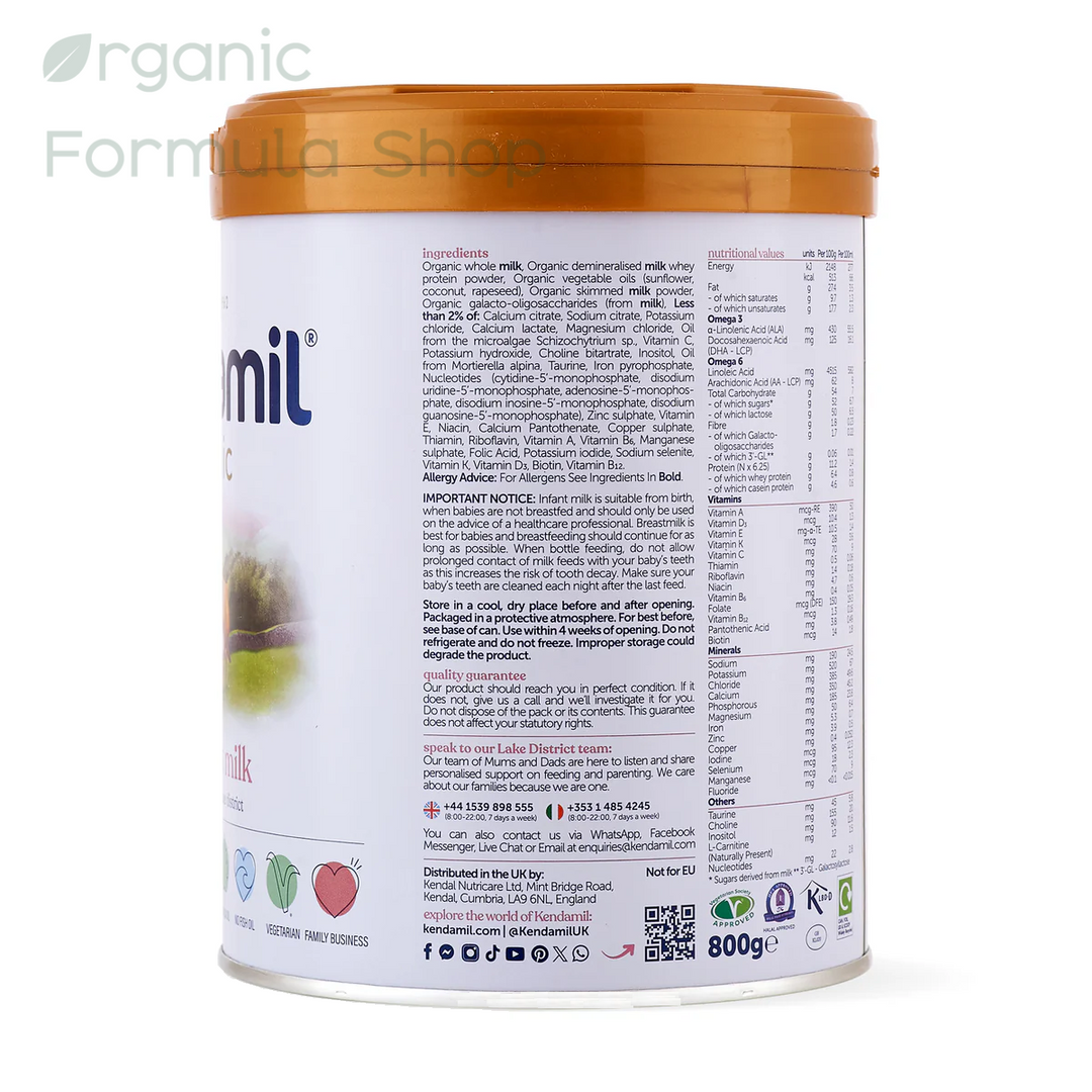 a 800g canister of Kendamil UK Organic Cow Stage 1 European organic baby formula tin, back of can with  nutritional information, ingredients, and storage instructions, topped with an orange lid against a white background.