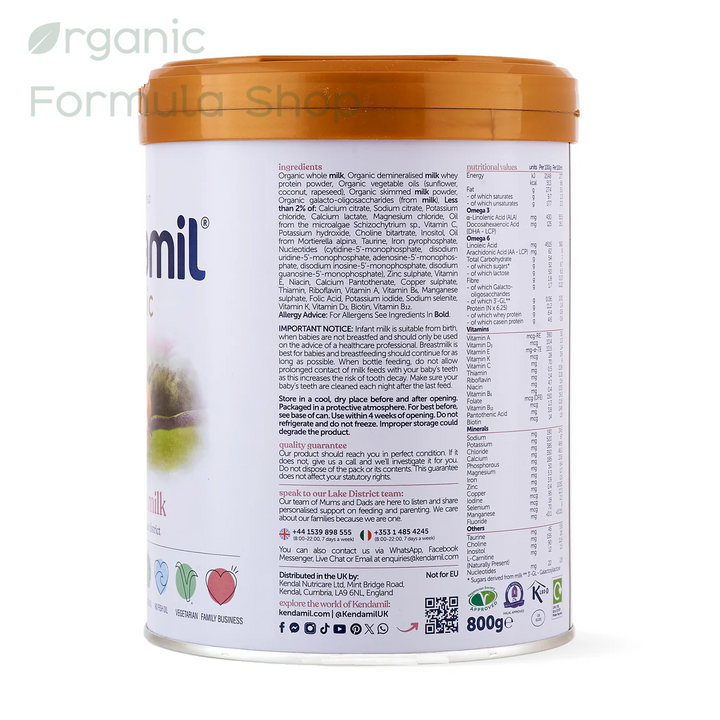 a 800g canister of Kendamil UK Organic Cow Stage 1 European organic baby formula tin, back of can with  nutritional information, ingredients, and storage instructions, topped with an orange lid against a white background.
