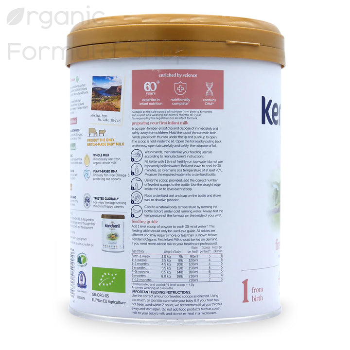 Kendamil UK Organic Cow Stage 1 European organic baby formula tin, side view showing nutritional information and ingredients panel in English