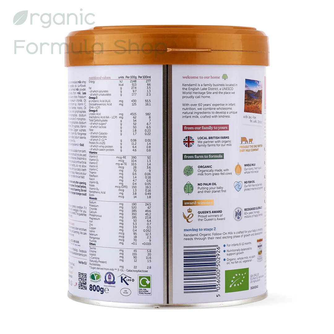 Kendamil UK Organic Cow Stage 1 800g can European organic baby formula, back of can with USP's of product and organic certifications in English