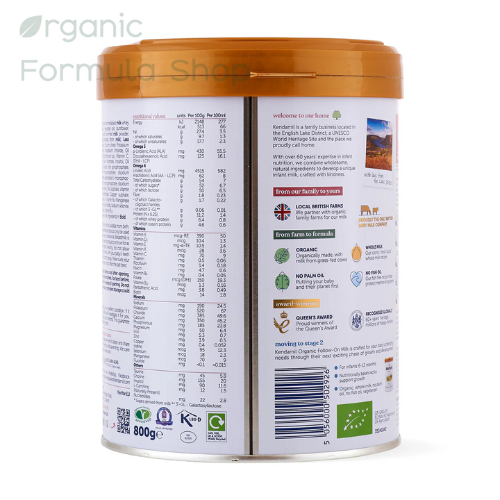 Kendamil UK Organic Cow Stage 1 800g can European organic baby formula, back of can with USP's of product and organic certifications in English