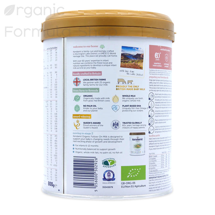 Kendamil UK Organic Cow Stage 1 European organic baby formula tin, back of can with preparation instructions and feeding chart in English