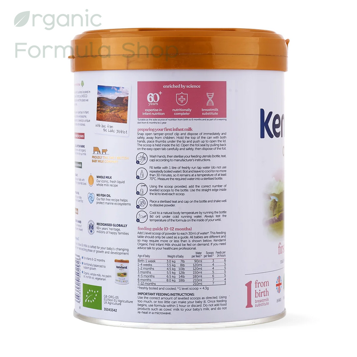 Kendamil UK Organic Cow Stage 1 European organic baby formula tin, side view showing preperation information and feeding chart in English