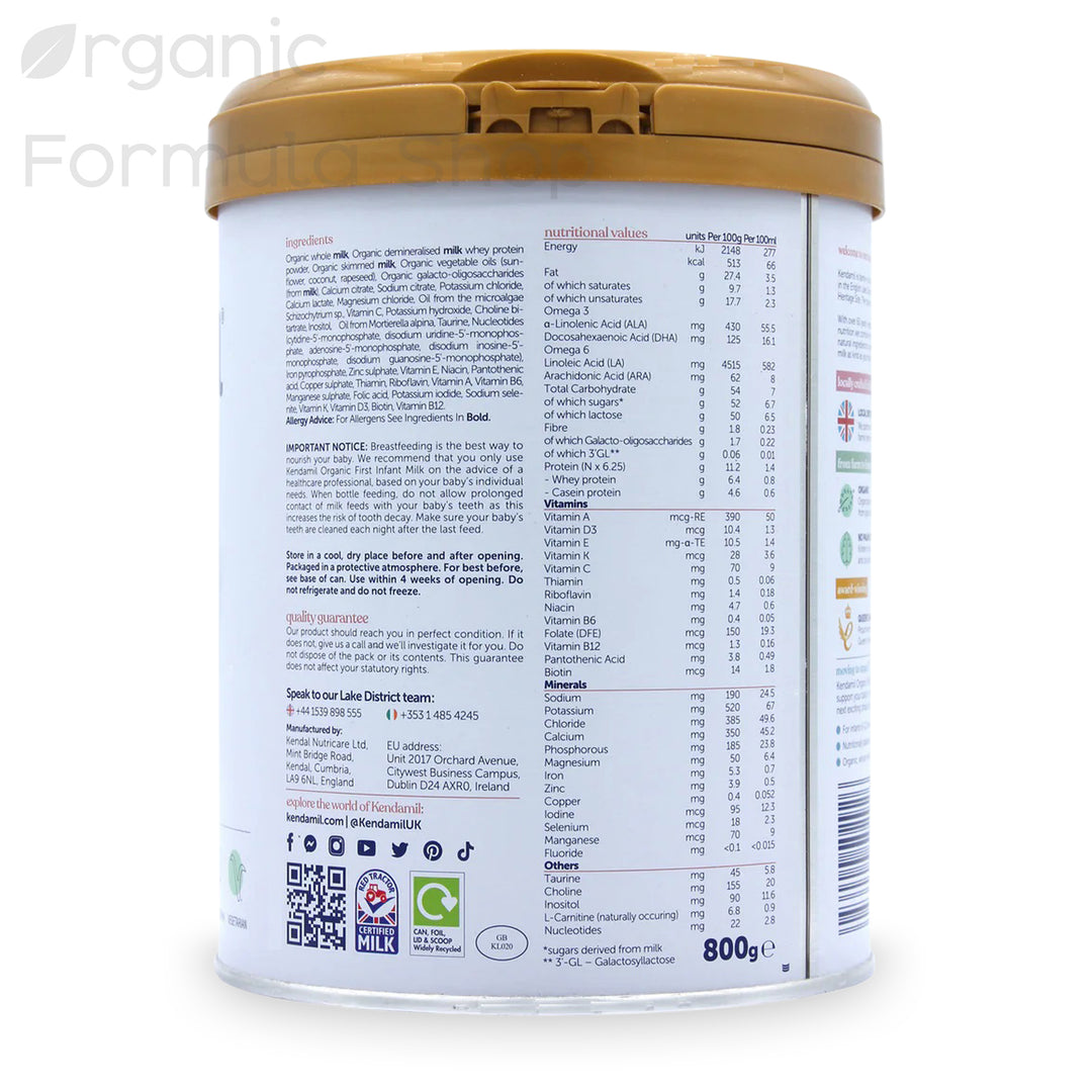 Kendamil UK Organic Cow Stage 1 European organic baby formula, top view of tin showing the resealable lid and Kendamil Organic branding