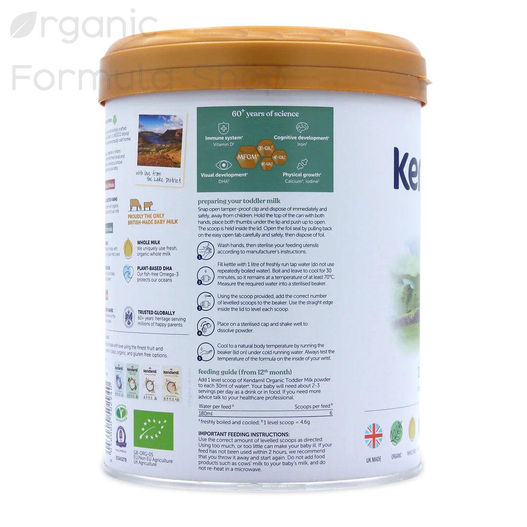 Kendamil UK Organic Cow Stage 3 European organic toddler formula tin, side view showing nutritional information and ingredients panel in English