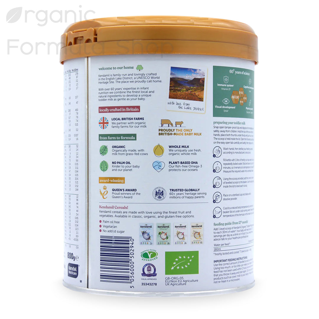 Kendamil UK Organic Cow Stage 3 European organic toddler formula tin, back of can with preparation instructions and feeding chart in English