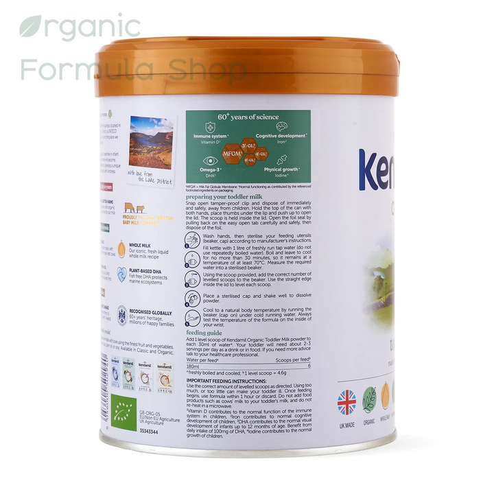 A canister of Kendamil UK Organic Cow Stage 3 European organic palm-oil-free toddler formula in 800g tin, front of can, for toddlers 12 months and older. Featuring '60+ years of science' panel, and an orange lid, set against a white background .