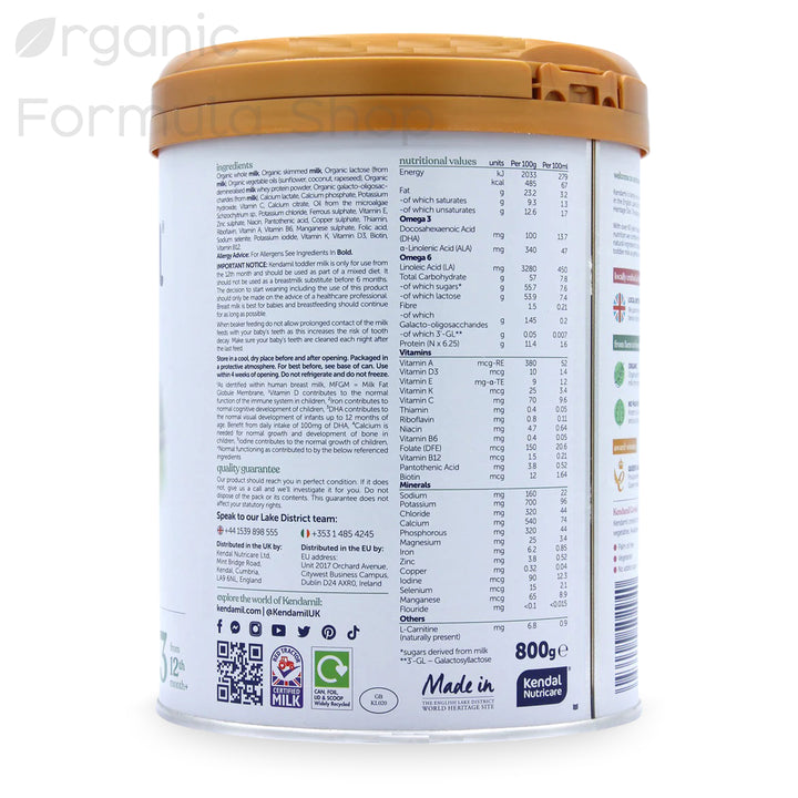 Kendamil UK Organic Cow Stage 3 European organic toddler formula, top view of tin showing the resealable lid and Kendamil Organic branding