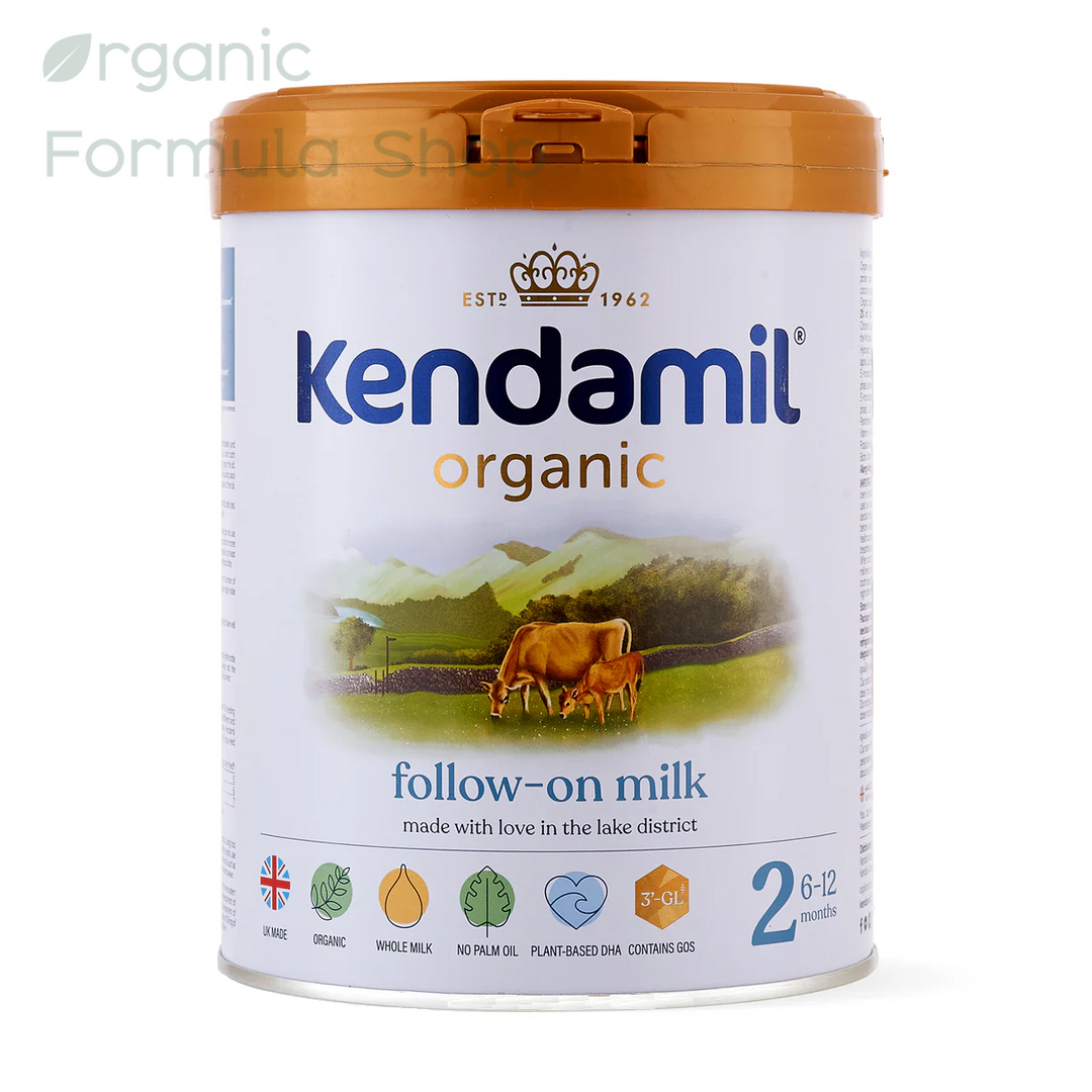A canister of Kendamil UK Organic Cow Stage 2 European organic palm-oil-free follow-on formula in 800g tin, front of can, for babies 6 to 12 months