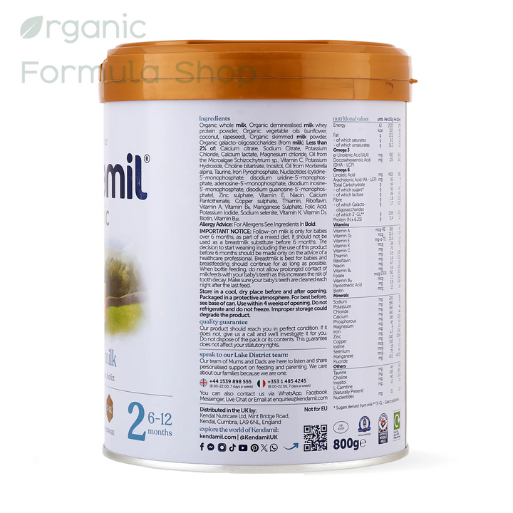 Back view of a 800g canister of Kendamil Organic Whole Milk powder, showing the ingredients list, usage instructions, and contact details on a white background.
