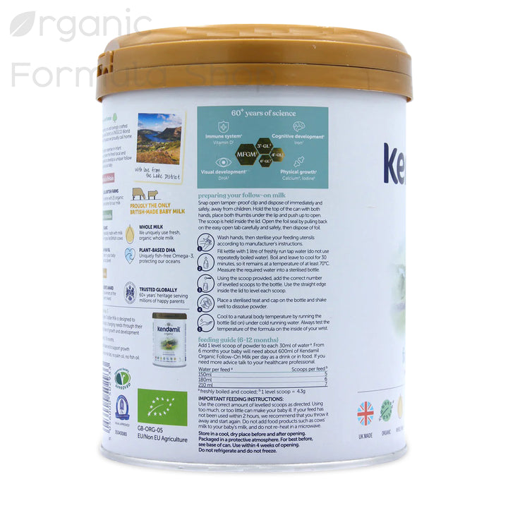 Kendamil UK Organic Cow Stage 2 European organic baby formula tin, side view showing nutritional information and ingredients panel in English