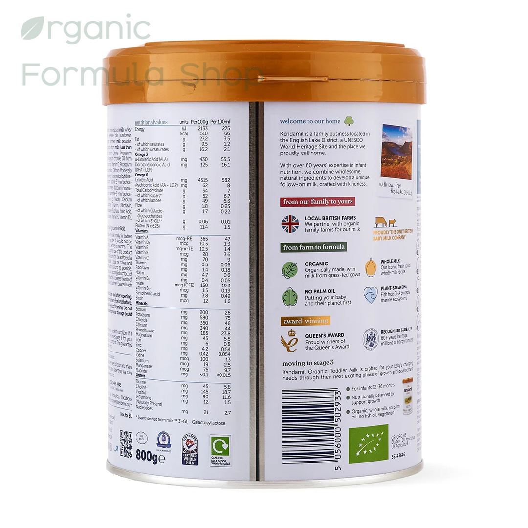 Kendamil UK Organic Cow Stage 2 European organic palm-oil-free follow-on formula in 800g tin, front of can, for babies 6 to 12 months. side showing all the unique features
