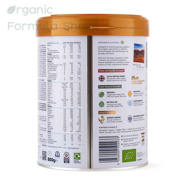 Kendamil UK Organic Cow Stage 2 European organic palm-oil-free follow-on formula in 800g tin, front of can, for babies 6 to 12 months. side showing all the unique features