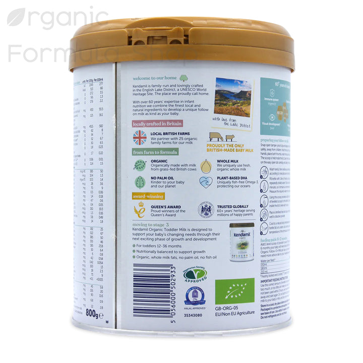 Kendamil UK Organic Cow Stage 2 European organic baby formula tin, back of can with preparation instructions and feeding chart in English