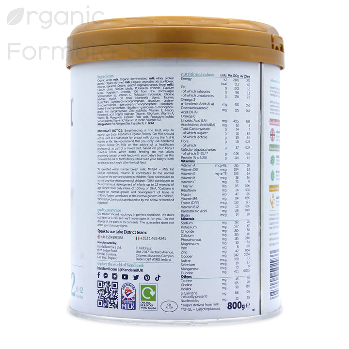 Kendamil UK Organic Cow Stage 2 European organic baby formula, top view of tin showing the resealable lid and Kendamil Organic branding