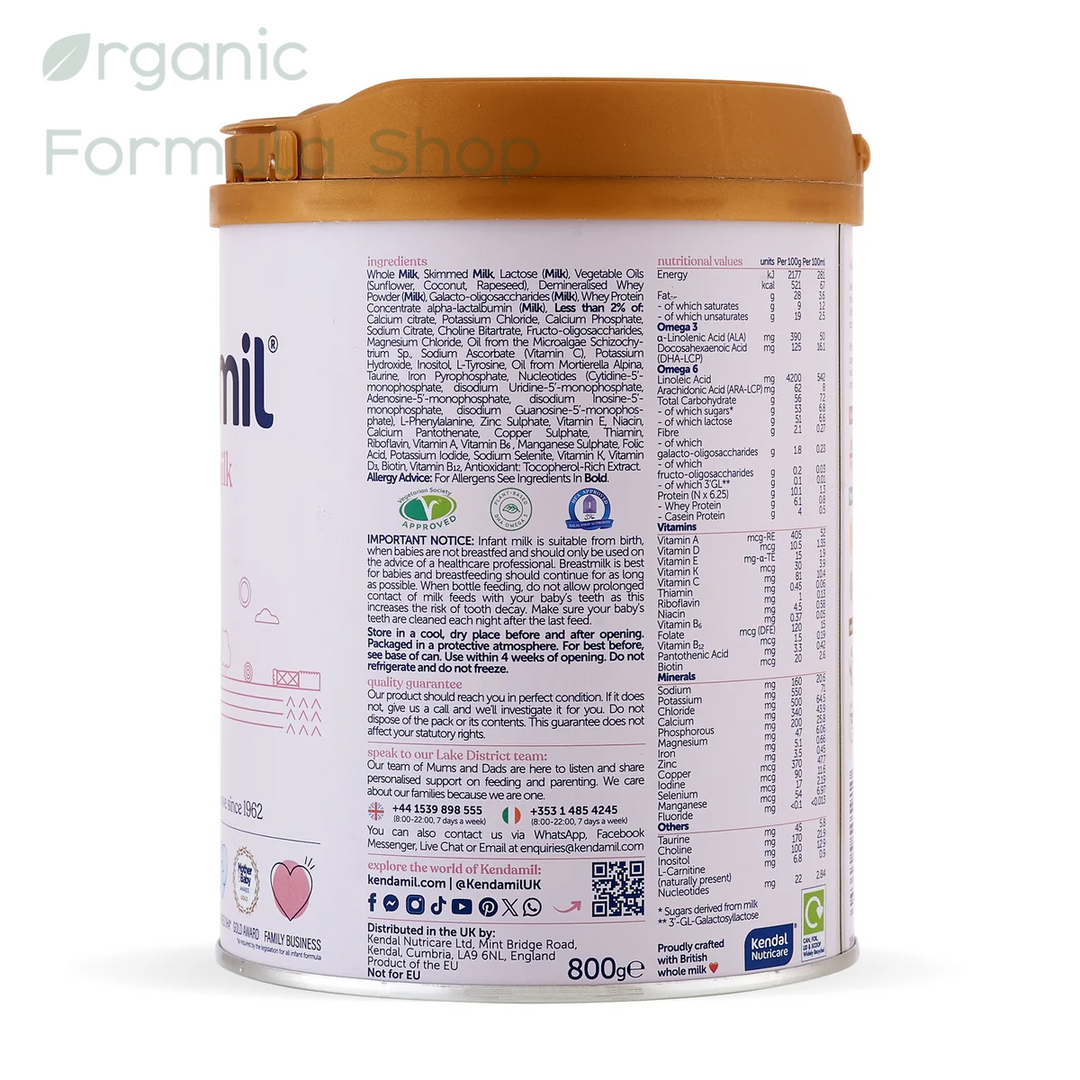 side view of a 800g canister Kendamil Classic Cow Stage 1 European palm-oil-free whole milk baby formula in 800g tin, front of can, for babies 0 to 6 months showing ingredients and info of manufacturer. 