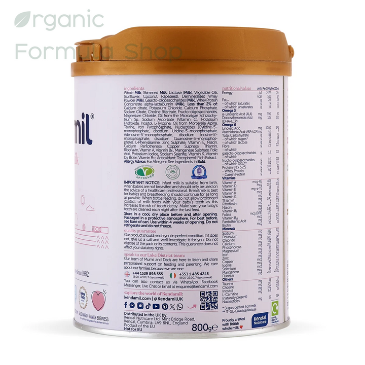 side view of a 800g canister Kendamil Classic Cow Stage 1 European palm-oil-free whole milk baby formula in 800g tin, front of can, for babies 0 to 6 months showing ingredients and info of manufacturer. 