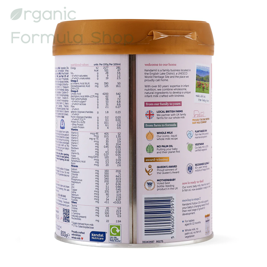rear side of can Kendamil Classic Cow Stage 1 European palm-oil-free whole milk baby formula in 800g tin, , for babies 0 to 6 months. showing the back panel with nutritional information and product info.  The canister has a brown lid and a white label with black text.