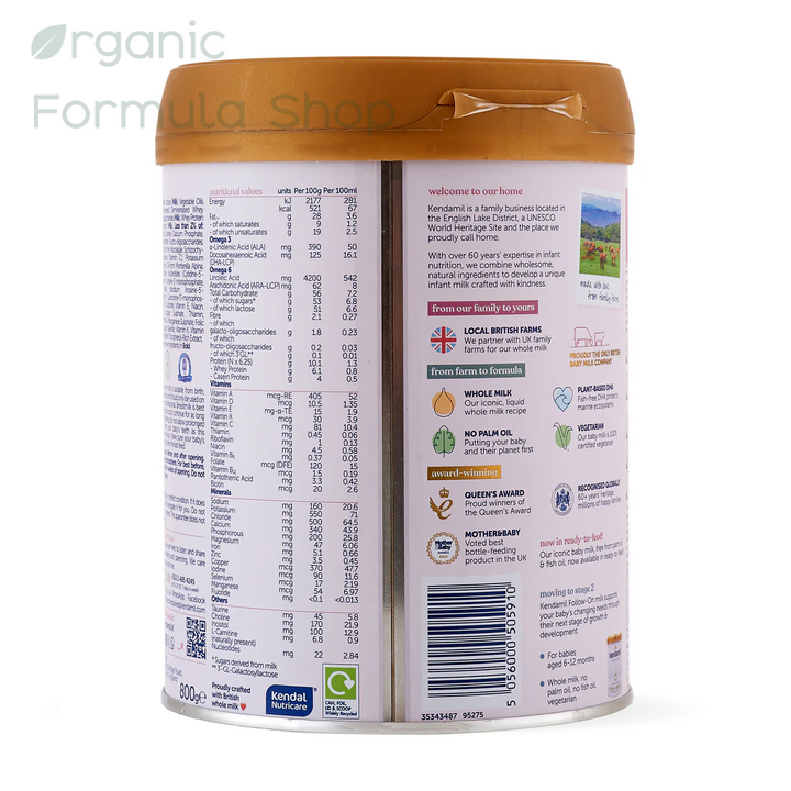 rear side of can Kendamil Classic Cow Stage 1 European palm-oil-free whole milk baby formula in 800g tin, , for babies 0 to 6 months. showing the back panel with nutritional information and product info.  The canister has a brown lid and a white label with black text.