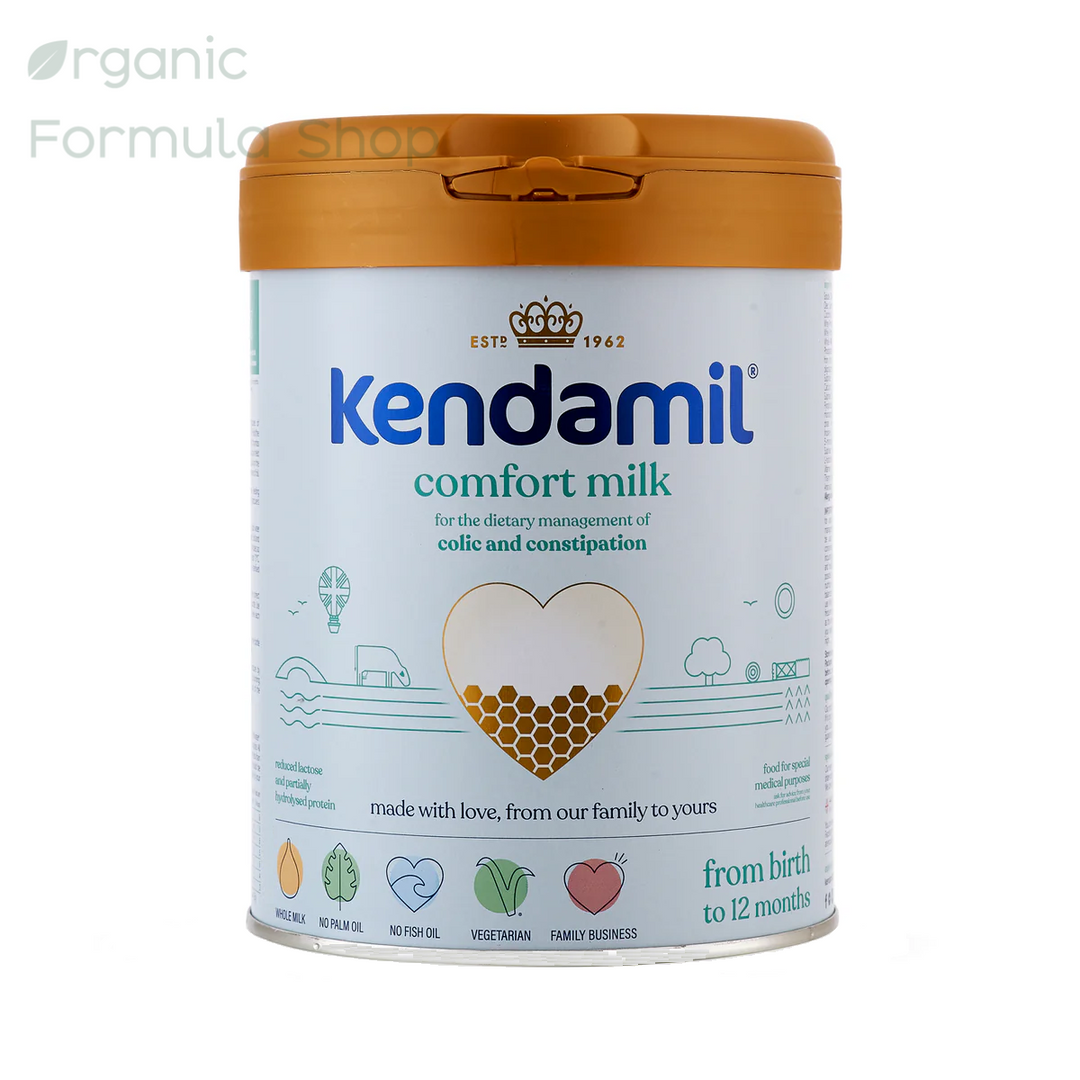 Kendamil UK Comfort European palm-oil-free baby formula for colic and constipation in 800g tin, front of can, for babies 0 to 12 months