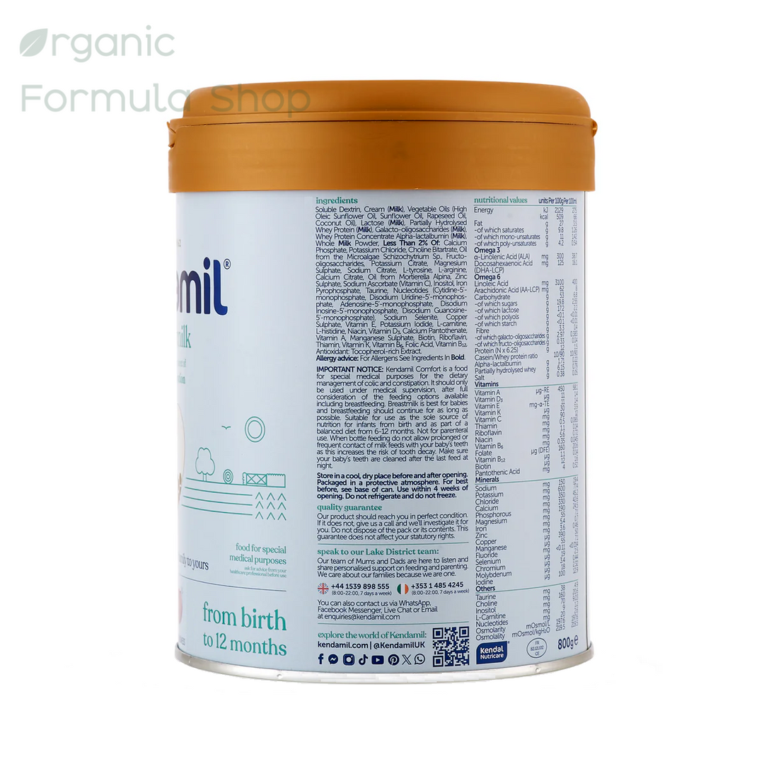 Kendamil UK Comfort European baby formula tin, side view showing nutritional information and partially hydrolyzed whey protein ingredients in English