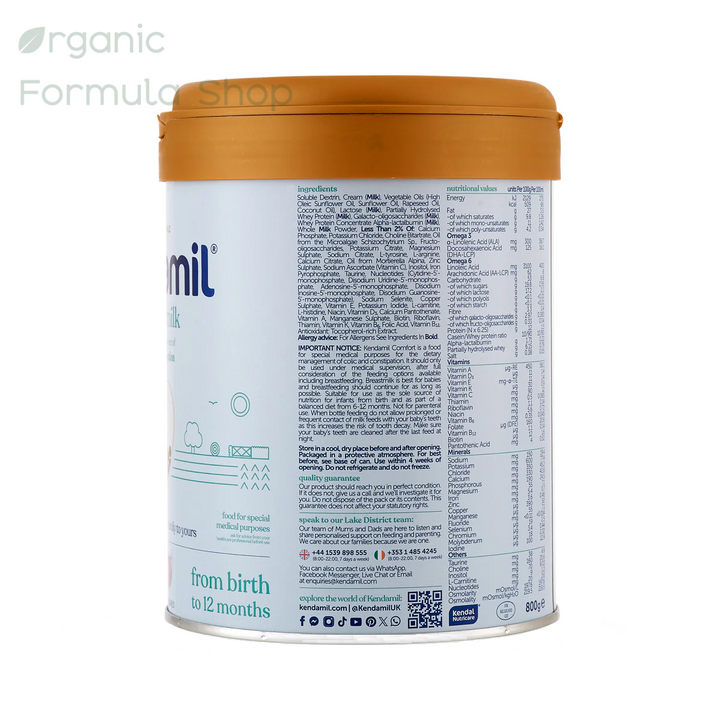 Kendamil UK Comfort European baby formula tin, side view showing nutritional information and partially hydrolyzed whey protein ingredients in English