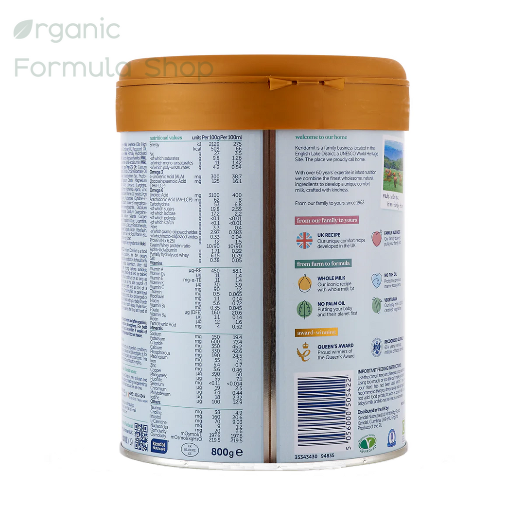 Kendamil UK Comfort European baby formula tin, back of can with preparation instructions and feeding chart in English