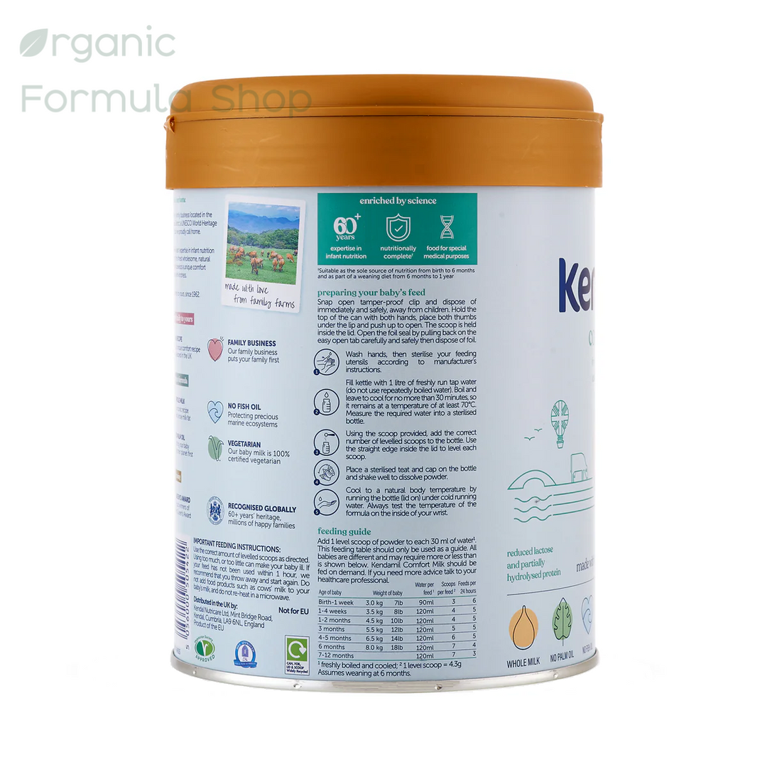 Kendamil UK Comfort European baby formula for sensitive tummies, top view of tin showing the resealable lid and Kendamil branding