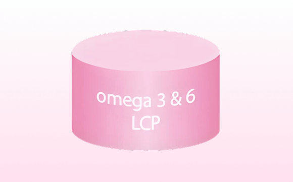 Pink cylindrical container with 'omega 3 & 6 LCP