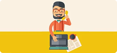 Illustration of a person with a beard and glasses using a laptop on a yellow background