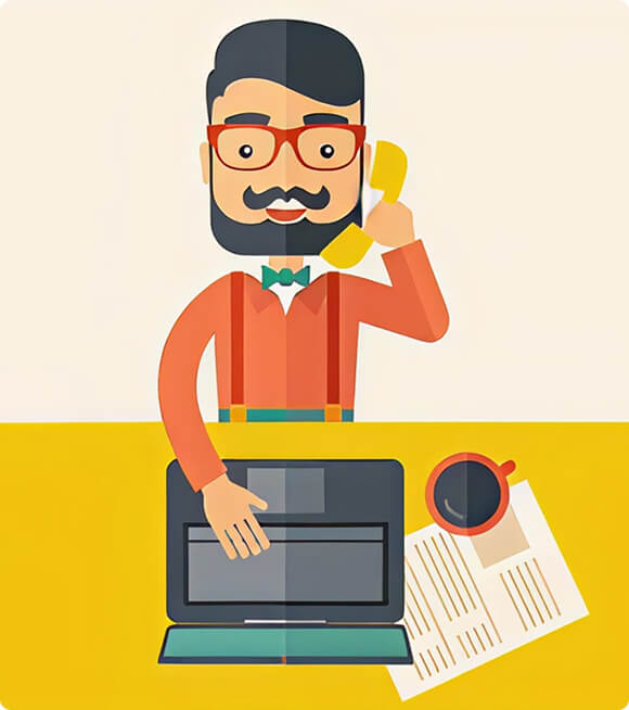 Illustration of a man on the phone with a laptop and coffee cup on a yellow background