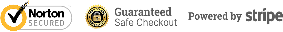 Norton security logo with 'Guaranteed Safe Checkout' and 'Powered by Stripe' text.