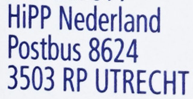 HiPP Dutch label address block reading HiPP Nederland, Postbus 8624, 3503 RP Utrecht