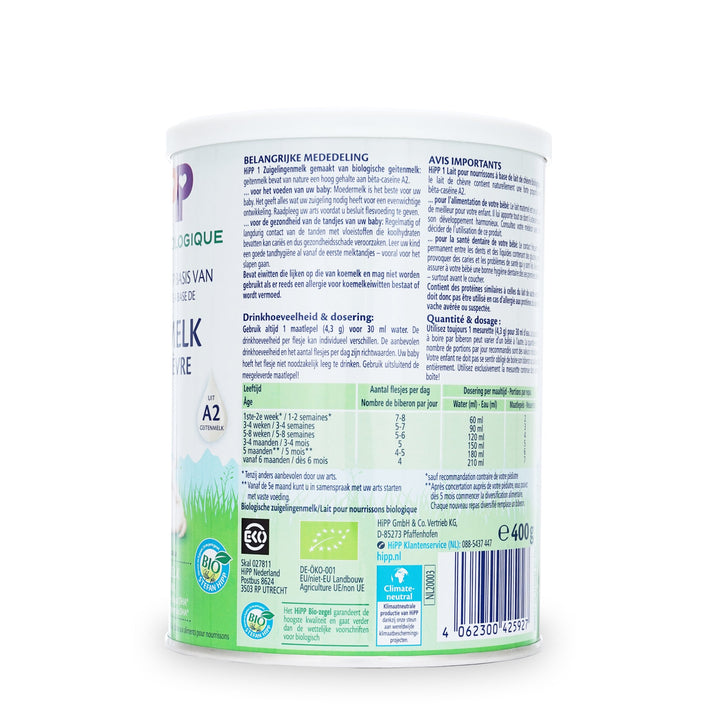 HiPP Dutch Goat Stage 1 European organic baby formula 400g can, bottle preparation steps in Dutch and French