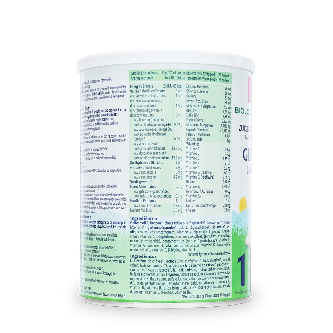 HiPP Dutch Goat Stage 1 European organic baby formula 400g can, ingredients and nutrition table in Dutch and French