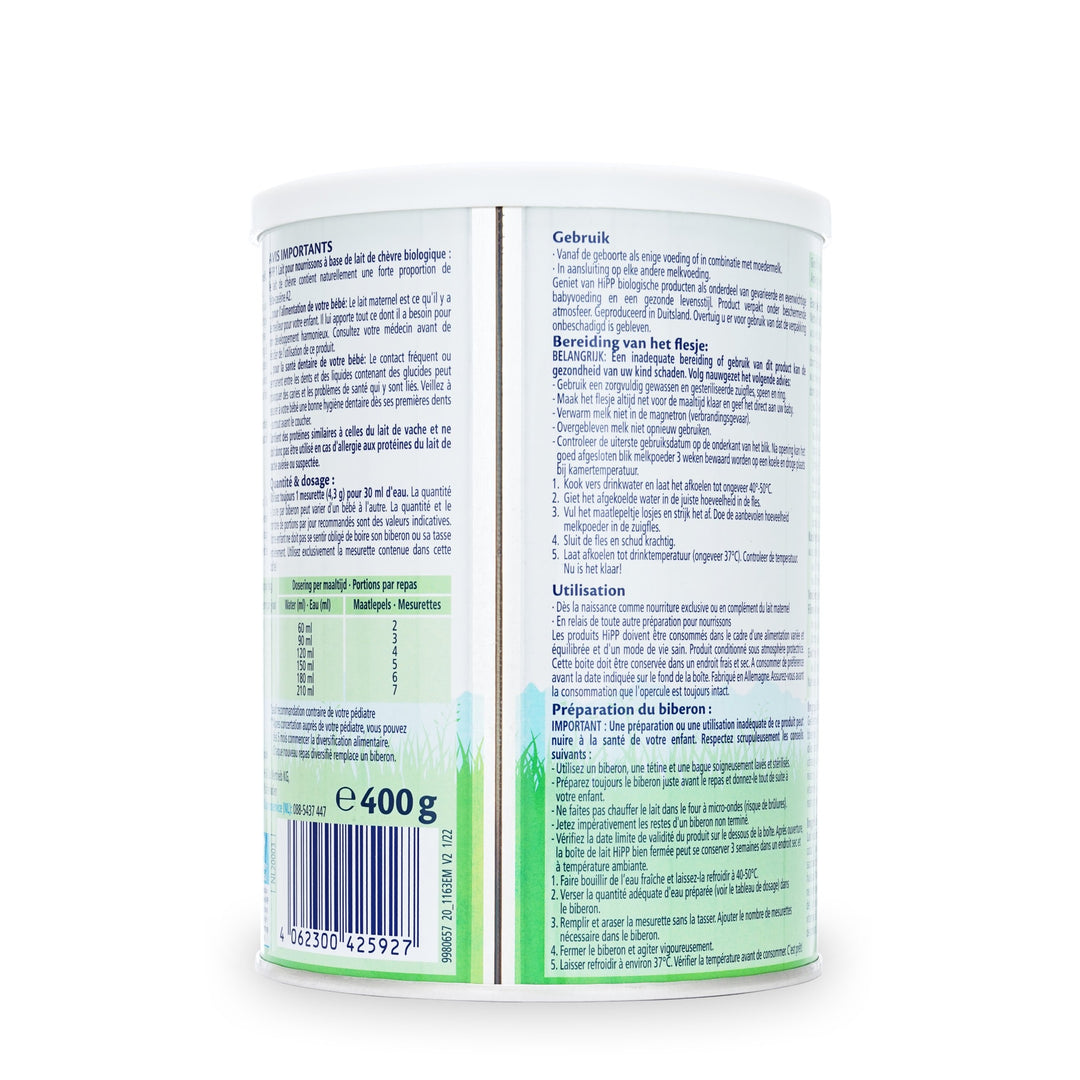 HiPP Dutch Goat Stage 1 European organic baby formula 400g can, back with feeding chart by age and EU organic leaf