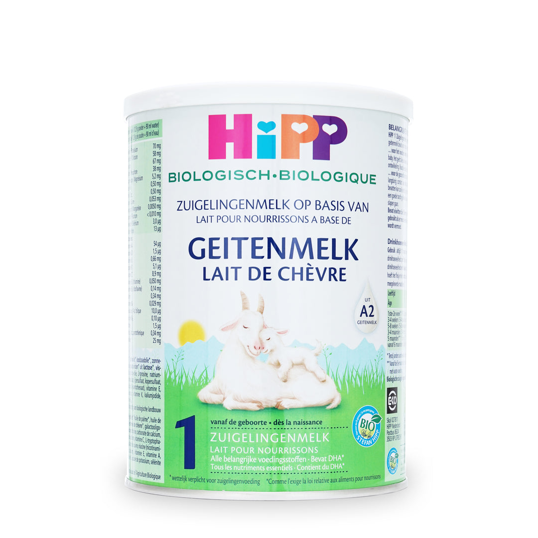Front of the HiPP Dutch Goat Stage 1 400g can, Dutch label, European organic goat milk baby formula, from birth to 6 months