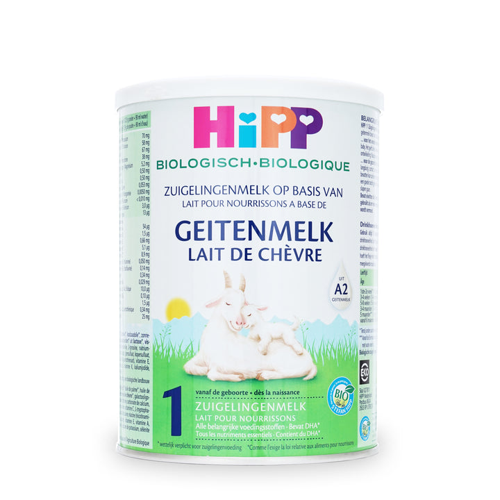 Front of the HiPP Dutch Goat Stage 1 400g can, Dutch label, European organic goat milk baby formula, from birth to 6 months